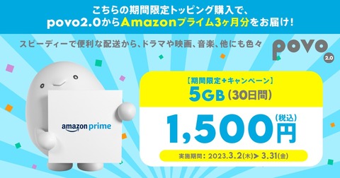 KDDI、オンライン専用プラン「povo2.0」にてデータトッピング5GB（30日間）を期間限定で提供！購入でAmazonプライムが3ヶ月分無料に