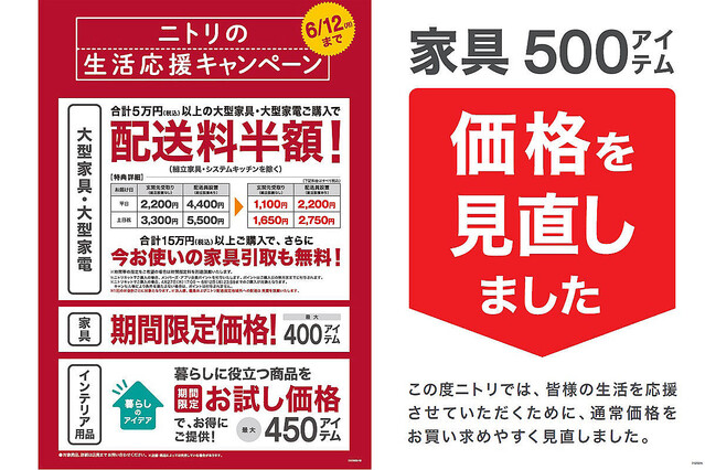 ニトリ、5万円以上の家電・家具購入で配送料半額 – 家具850品の特価販売も