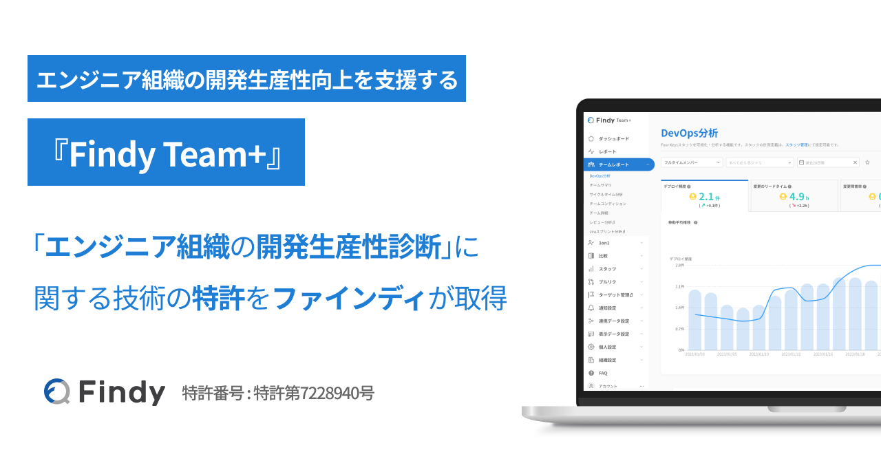 ファインディ、「エンジニア組織の開発生産性診断」に関する技術の特許を取得