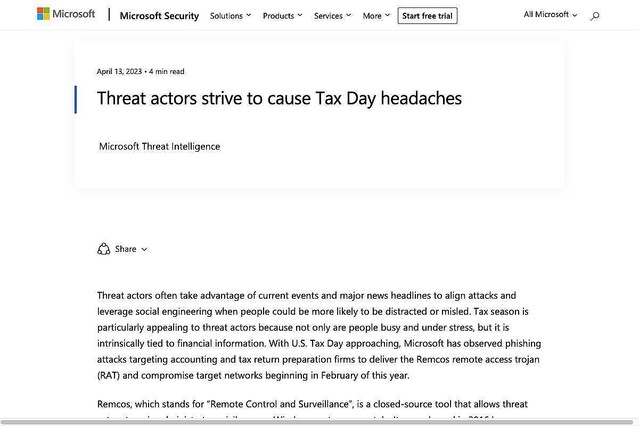 Tax Day狙ったフィッシングキャンペーンを発見、Microsoft