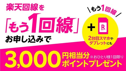 楽天モバイル、Rakuten UN-LIMIT VIIの契約者がさらにもう1回線追加契約すると3000ポイントをプレゼントするキャンペーンを開始