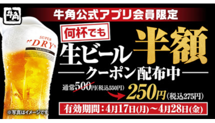 本日から「生ビール何杯でも半額」の275円！牛角で12日間限定の実施