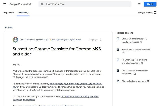 Google Chrome、古いバージョンで翻訳機能を無効化