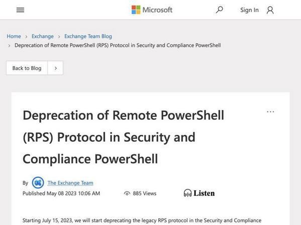 Microsoft、セキュリティ&コンプライアンスPowerShellでRPSプロトコル廃止へ