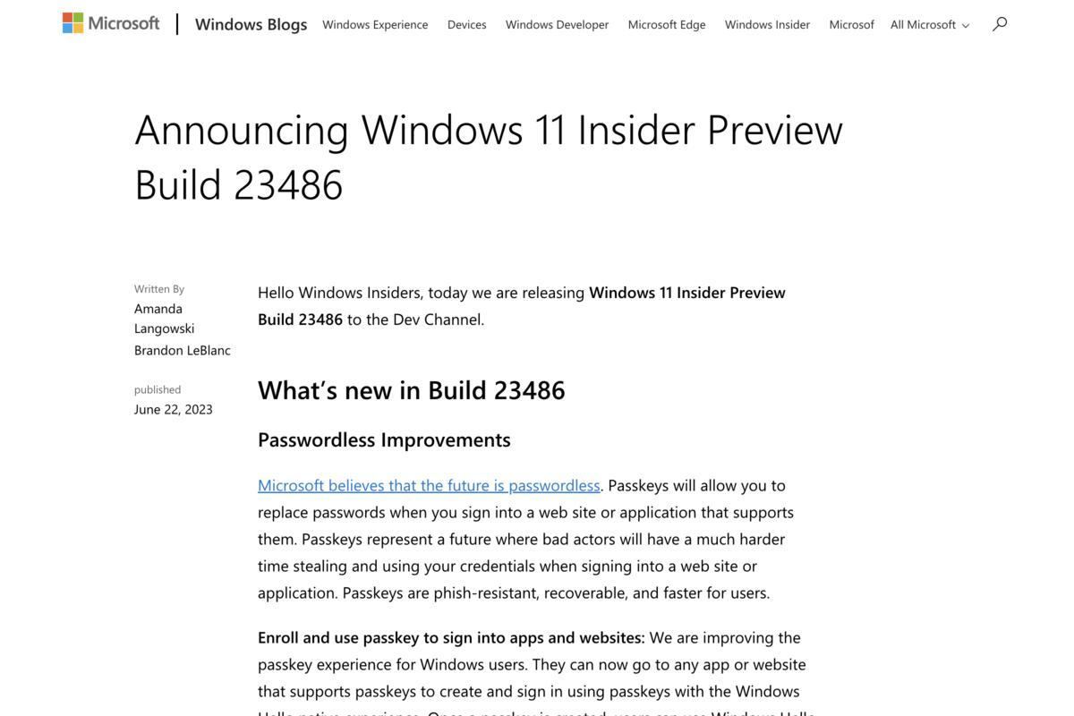 Windows 11 Insider Preview Build 23486が公開、パスキー対応を強化 – Microsoft
