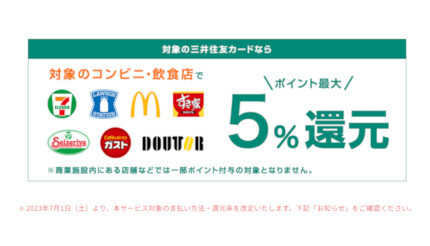 三井住友カード「対象のコンビニ・飲食店で最大5％還元」は7月1日から最大7％に！