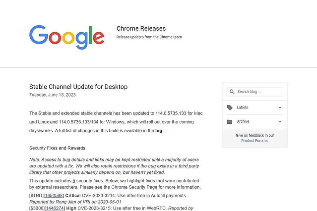 Google Chrome、5つの重大なを修正