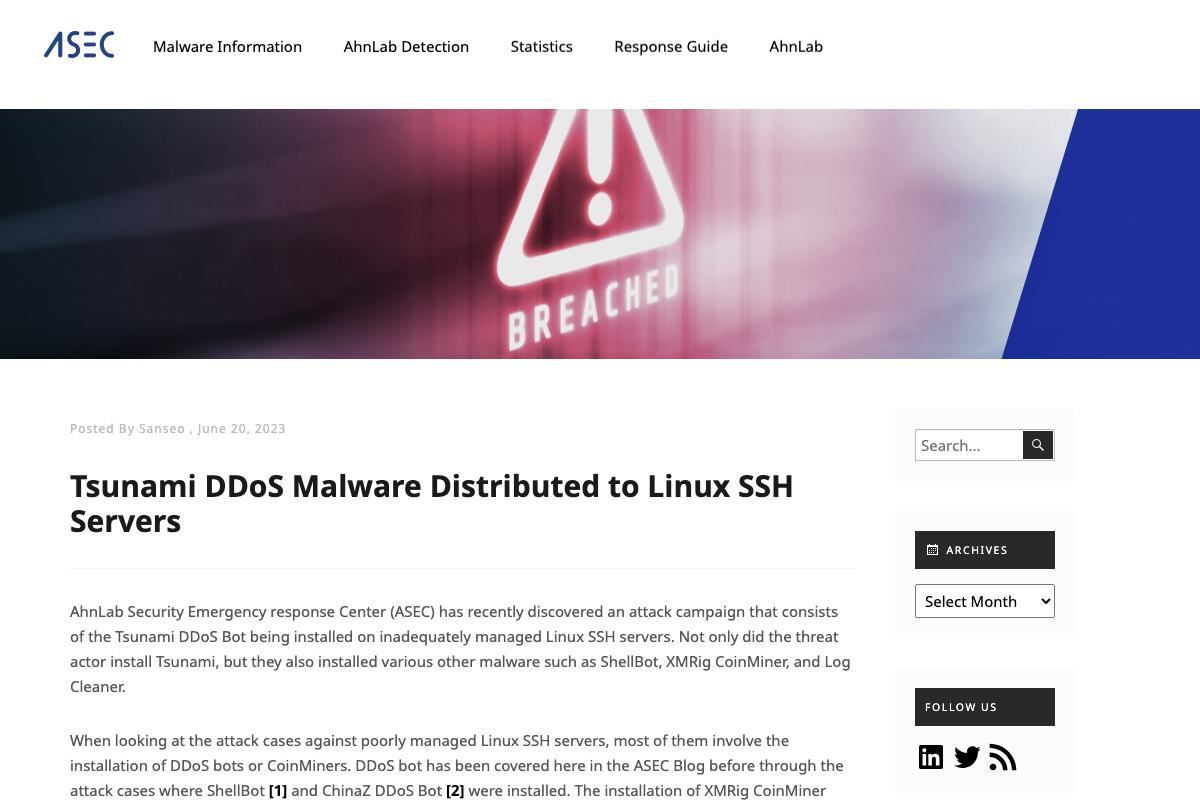 Linux SSHサーバにブルートフォース攻撃、Tsunami マルウェアの仕業