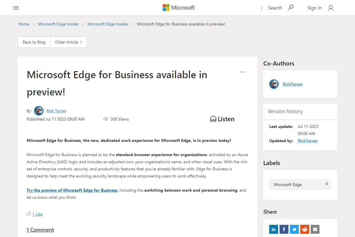 企業用ブラウザ「Microsoft Edge for Business」がプレビュー公開