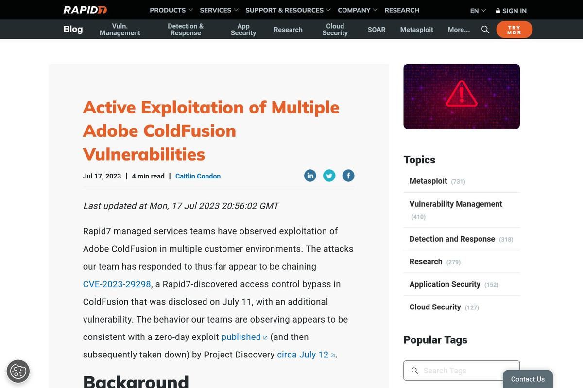 Adobe ColdFusionの複数の脆弱性悪用を確認、アップデートを