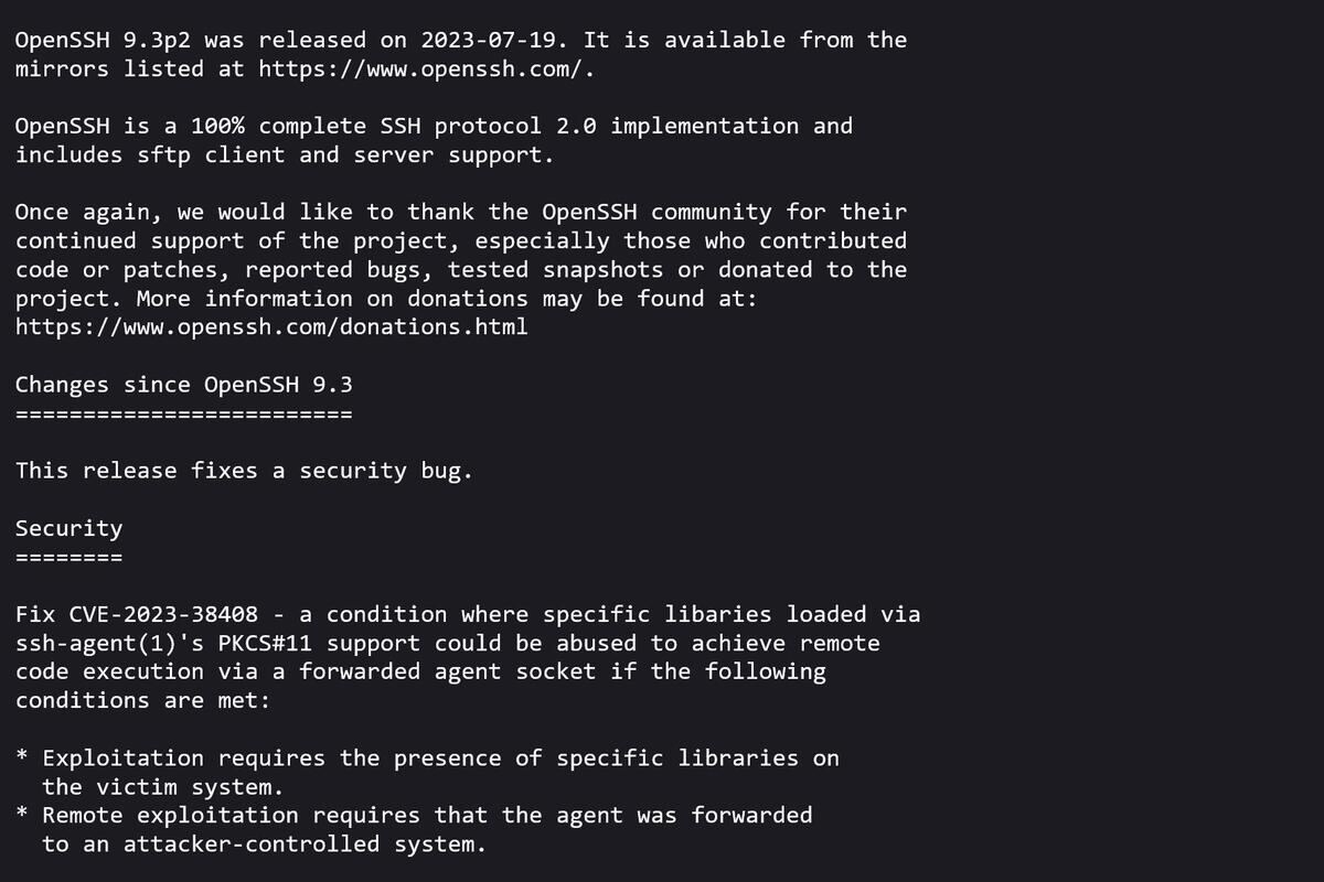 脆弱性修正したOpenSSH 9.3p2公開、確認の上アップデートを