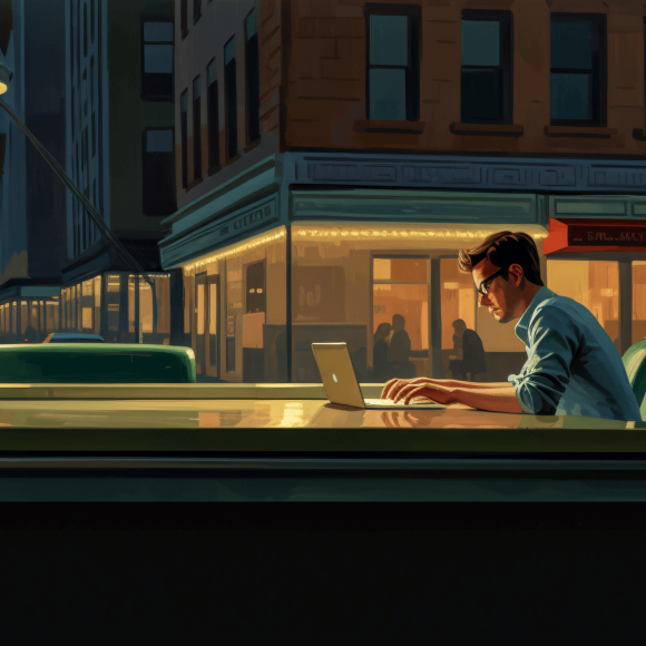 「夜のカフェでMacで作業する男」の絵画風の壁紙が公開