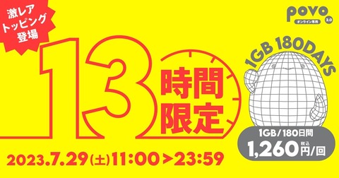 携帯電話サービス「povo2.0」にてデータトッピング「1GB（180日間）」を7月29日11時から13時間限定で提供！価格は1260円で210円／月に