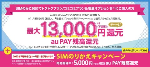 UQ mobileオンラインショップにてSIMのみ契約で最大合計1万8千円相当還元キャンペーンが実施中！SIMのりかえキャンペーンが7月31日まで開催