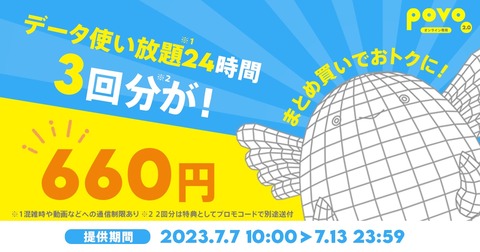 携帯電話サービス「povo2.0」にて「データ使い放題（24時間）」を2回分の料金で3回分使えるトッピングを7月13日までの期間限定で提供