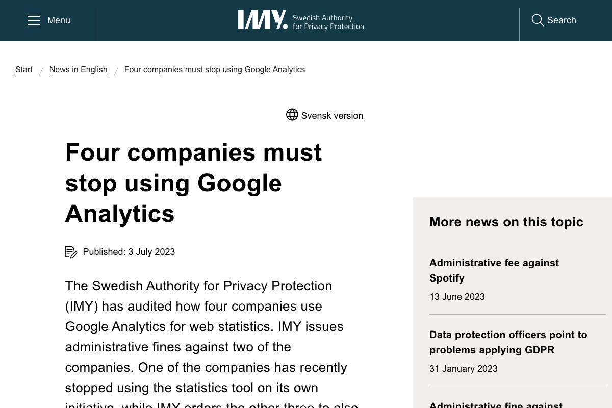 スウェーデン、4社にGoogle Analyticsの使用禁止を命じる