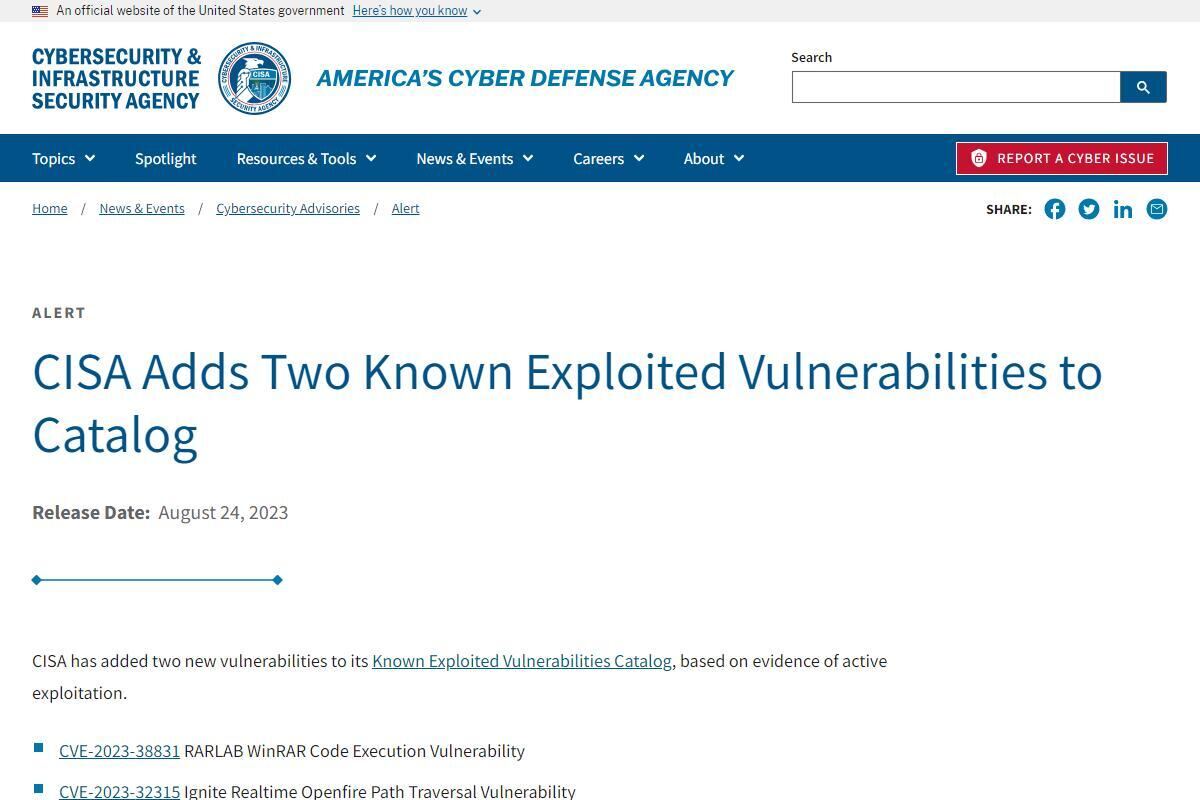 WinRARとOpenfireの脆弱性のサイバー攻撃への悪用確認、CISAが警告