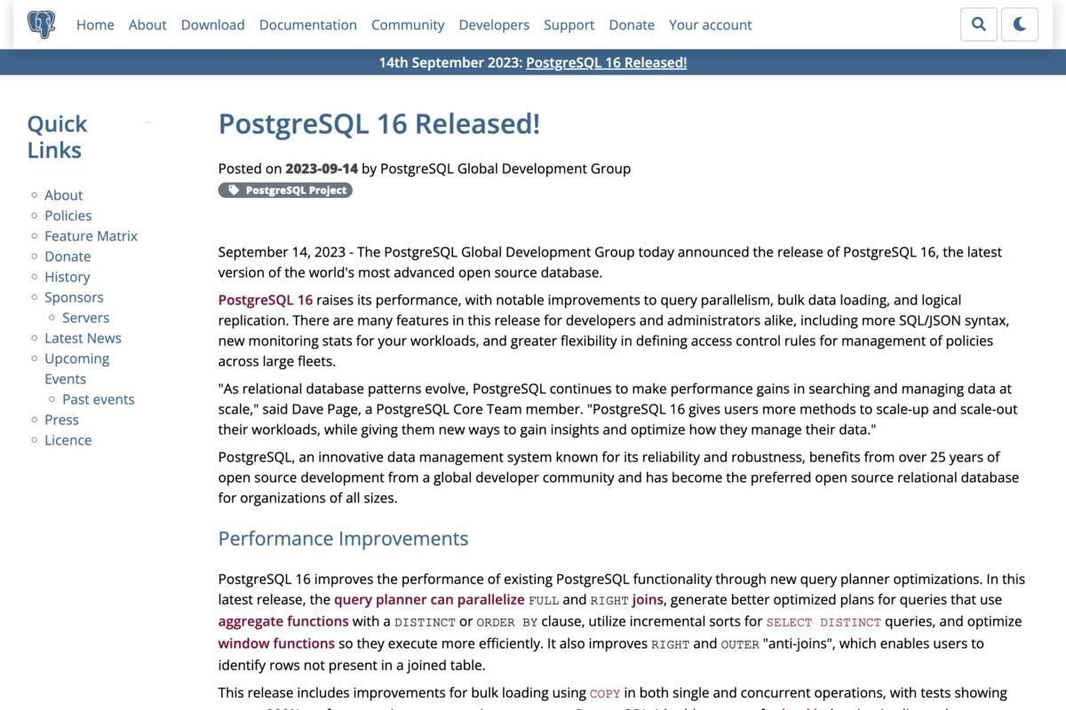 PostgreSQL 16リリース、クエリプランナの最適化により性能が向上