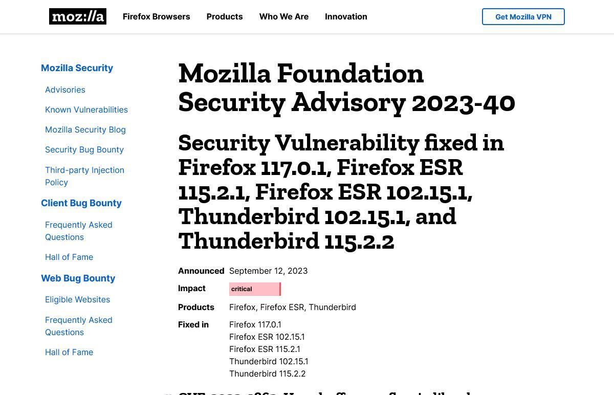 FirefoxとThunderbirdに緊急の脆弱性、セキュリティアップデートをリリース