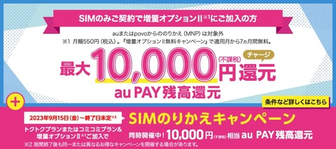 UQ mobileオンラインショップにてSIMのみ契約で最大合計2万円相当還元キャンペーンが実施中！SIMのりかえキャンペーンが9月15日に開始