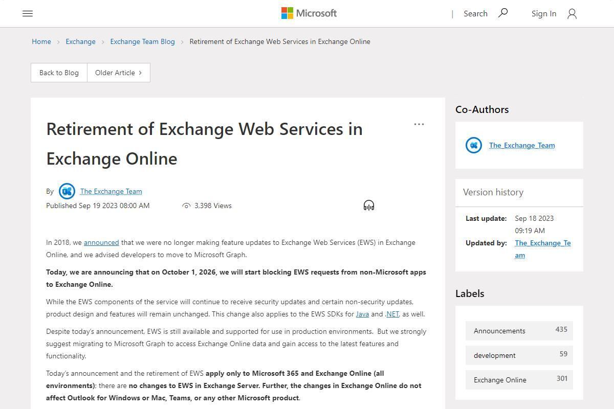 Microsoft、Exchange OnlineのExchange Web Services(EWS)を廃止