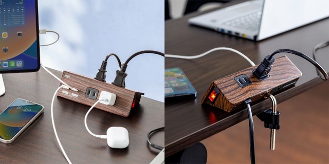 机に固定できて使いやすい！クランプ式USBポート付き電源タップ