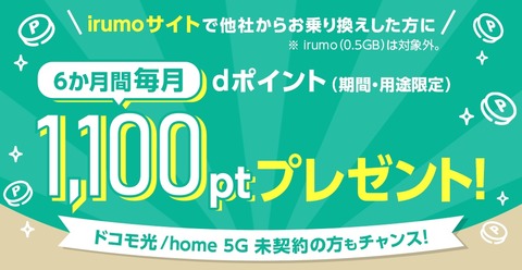 NTTドコモ、新料金プラン「irumo」の3GB以上をMNPで契約すると最大6600ポイントプレゼント！オンライン限定キャンペーンが実施中