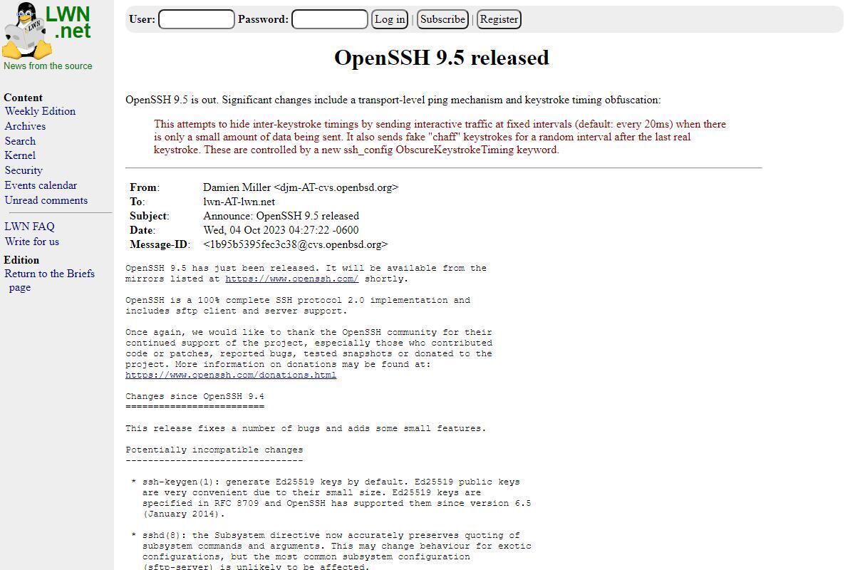 OpenSSH 9.5リリース、新機能を追加