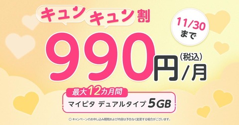 携帯電話サービス「mineo」にて「マイピタ最大12カ月間528円割引キャンペーン」が開始！月5GBが12カ月間は月額990円で利用可能に