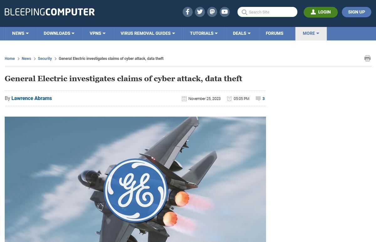 GEから軍事情報を含むデータ漏洩の可能性、攻撃者が声明