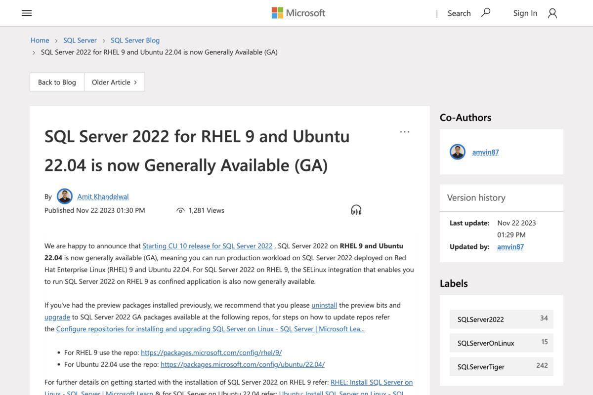 SQL Server 2022がRHEL9 および Ubuntu 22.04で利用可能に