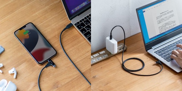 USB Type-Cとライトニングコネクタを使い分けられる！2in1急速充電ケーブル