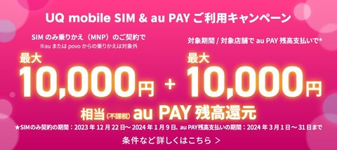 UQ mobileオンラインショップにてSIMのみ契約で合計最大2万円相当還元キャンペーンが実施中！期間限定でau PAYの利用額に応じて最大1万円相当還元