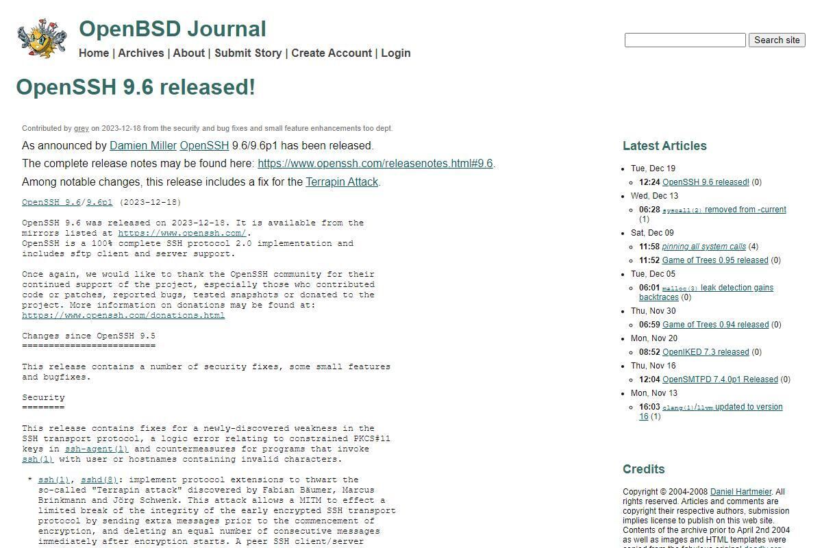 OpenSSH 9.6/9.6p1リリース、「Terrapin攻撃」に対応