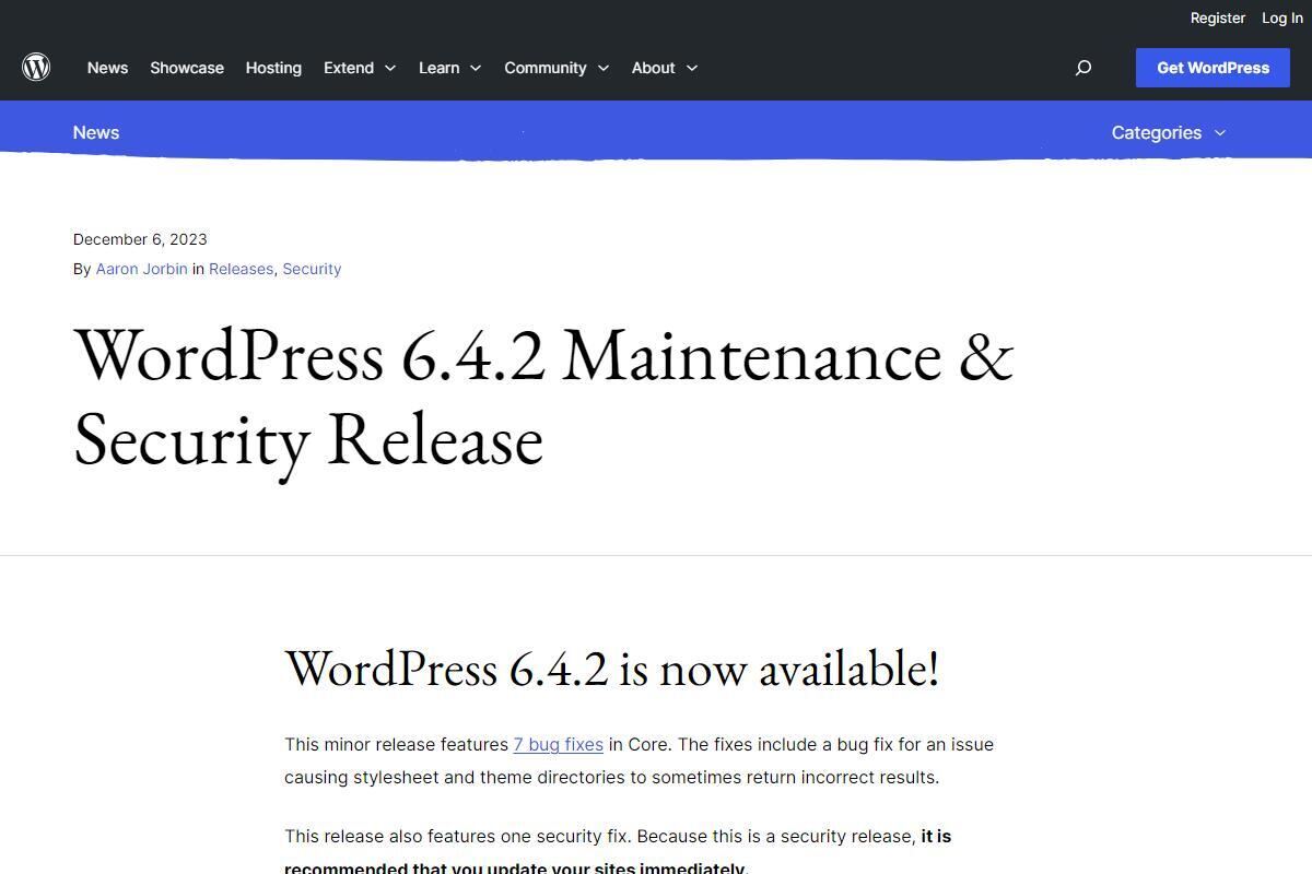 WordPress 6.4.2リリース、リモートコード実行の脆弱性を修正、更新を
