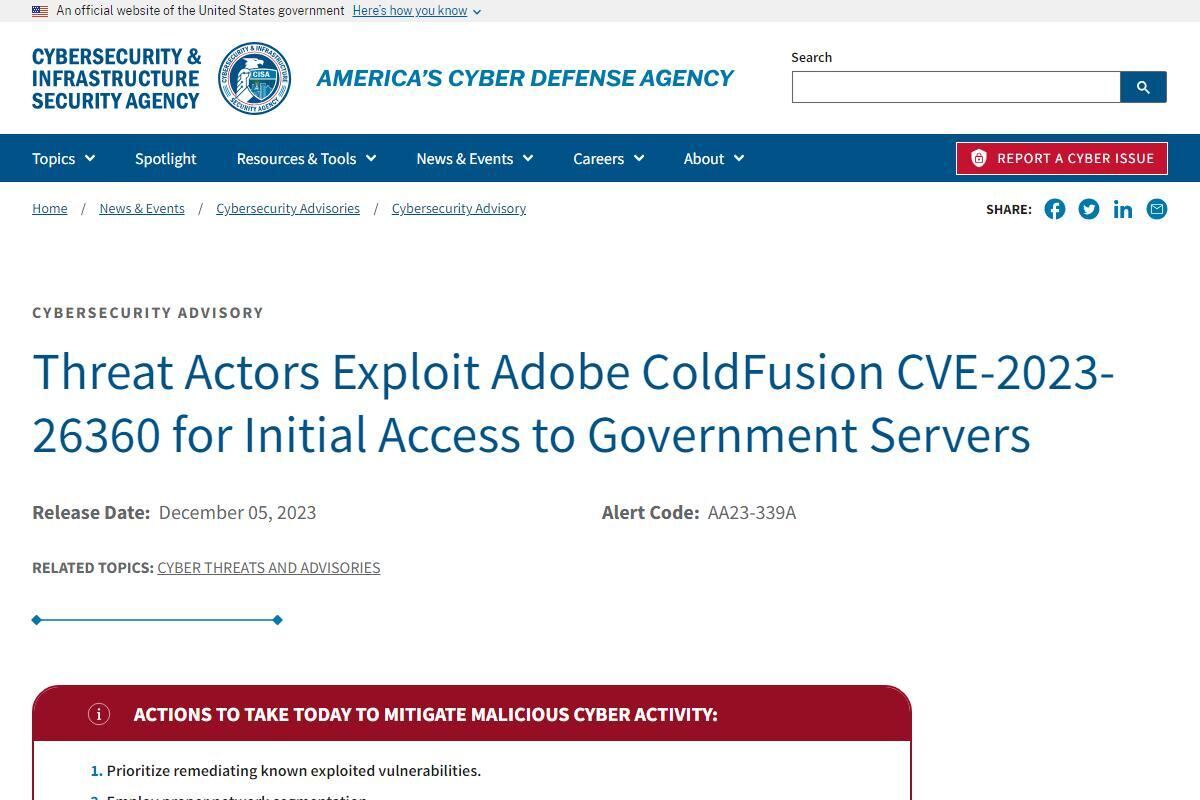 米国連邦民間行政機関にサイバー攻撃、Adobe ColdFusionの脆弱性が狙われる