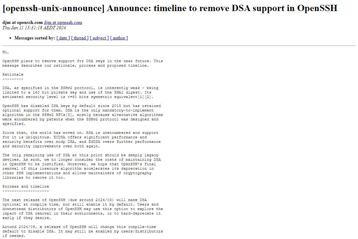 OpenSSHからDSAを削除、スケジュールを発表