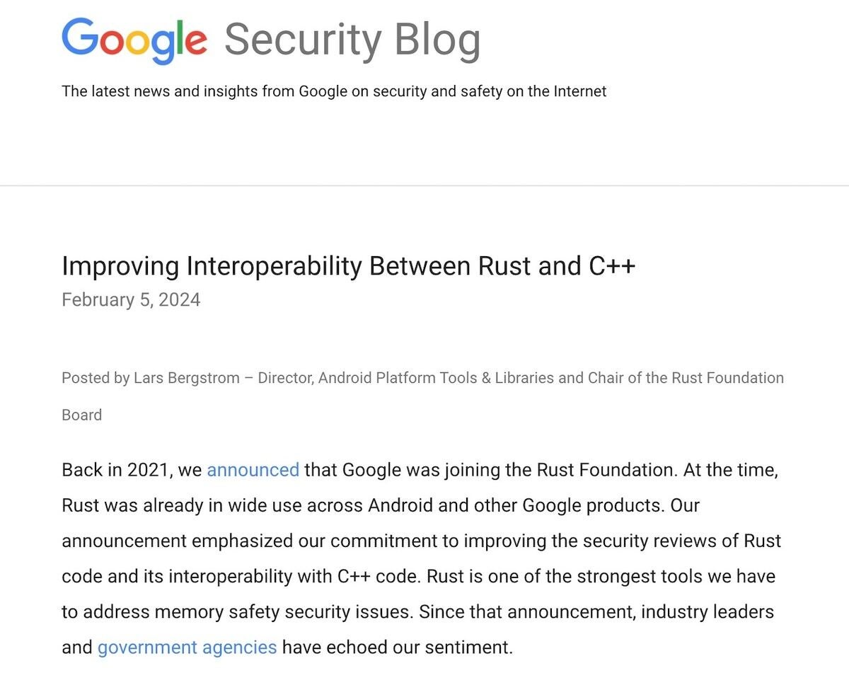 Google、Rust Foundationに100万ドル助成 – C++との相互運用性向上目指す