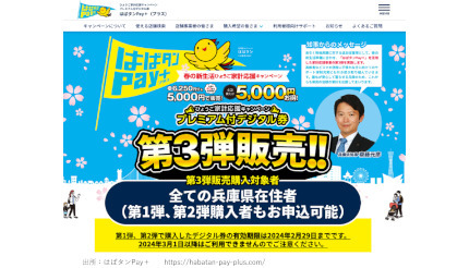 プレミアム率25％！ 兵庫県在住の全員が対象のデジタル券「はばタンPay＋」がスタート
