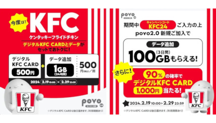 KFC500円分とデータをセットに、povo2.0で新サービス