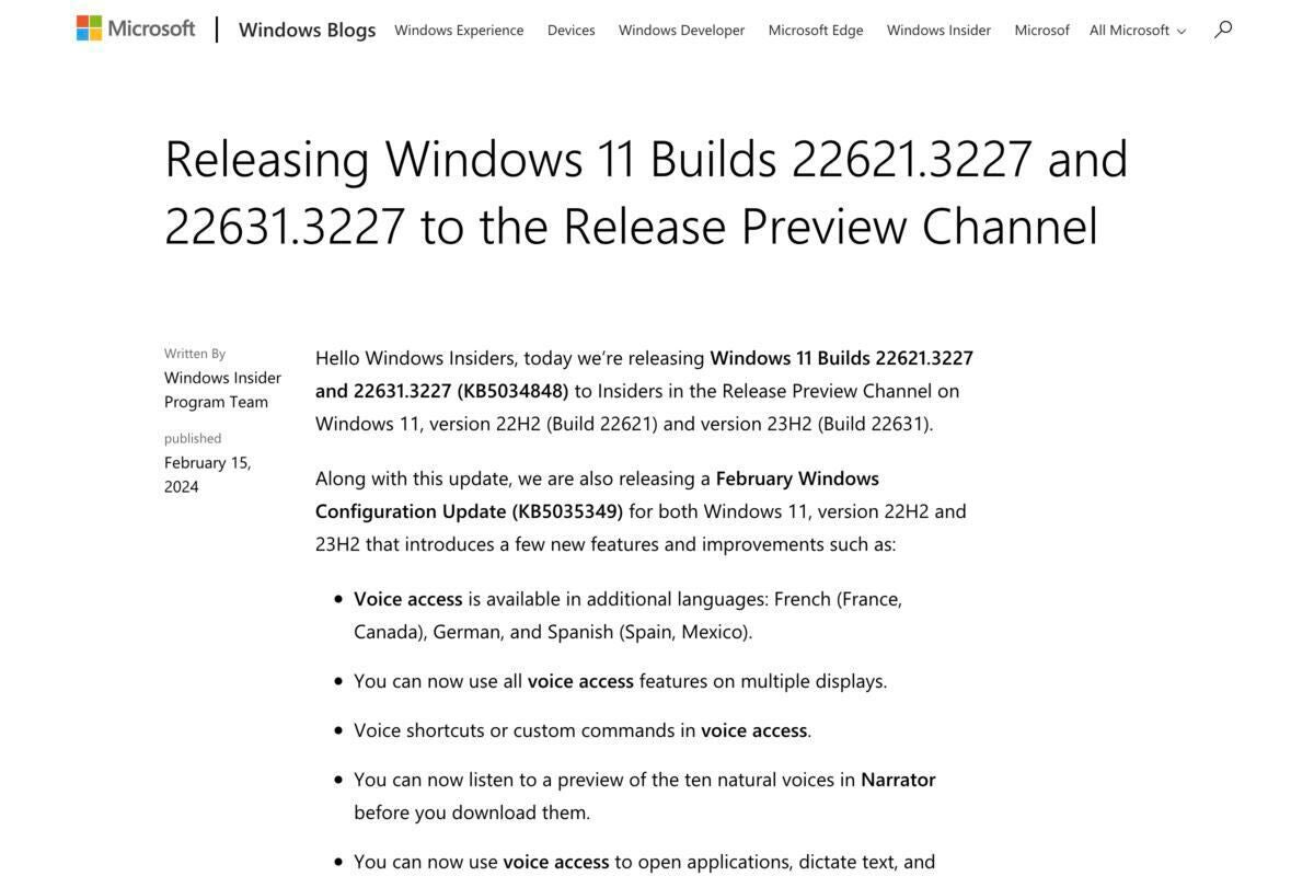 Windows 11 Build 22621.3227および22631.3227のプレビュー版が公開