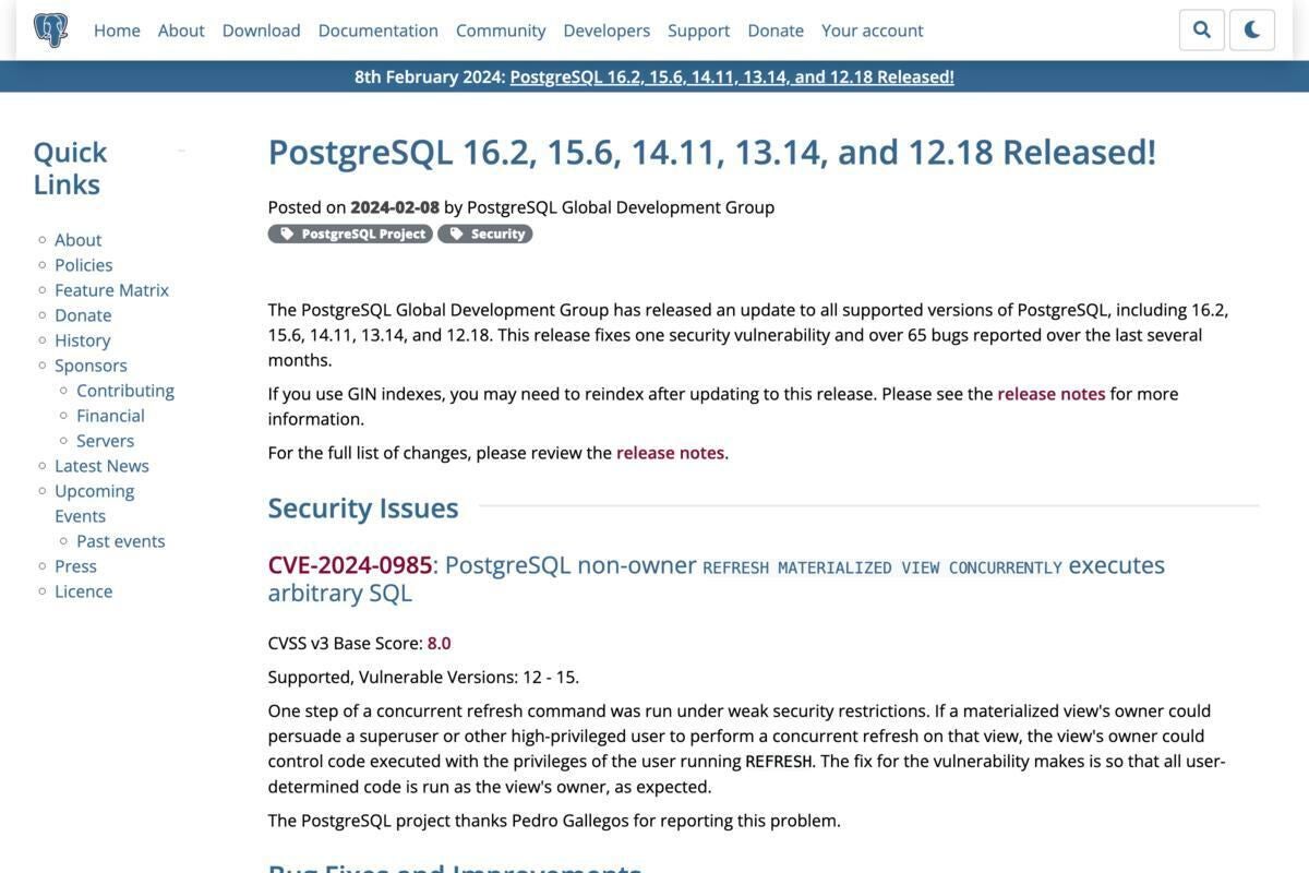PostgreSQL 16.2リリース、任意のSQLを実行可能な脆弱性を修正