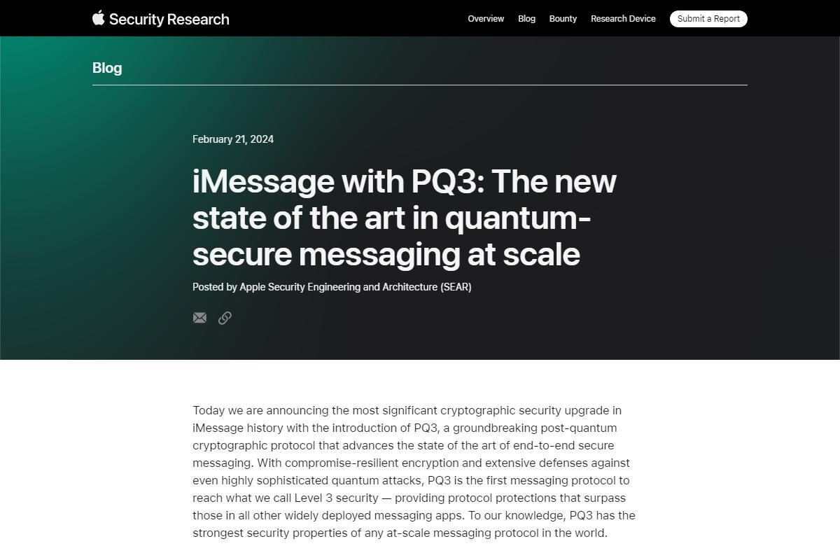 Apple、iMessage用量子暗号プロトコル「PQ3」発表 – iOS 17.4などでリリース