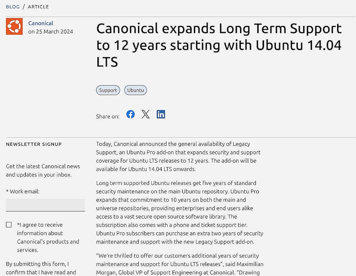 Canonical、LTS版Ubuntuのサポート期間を12年に延長するアドオン発表