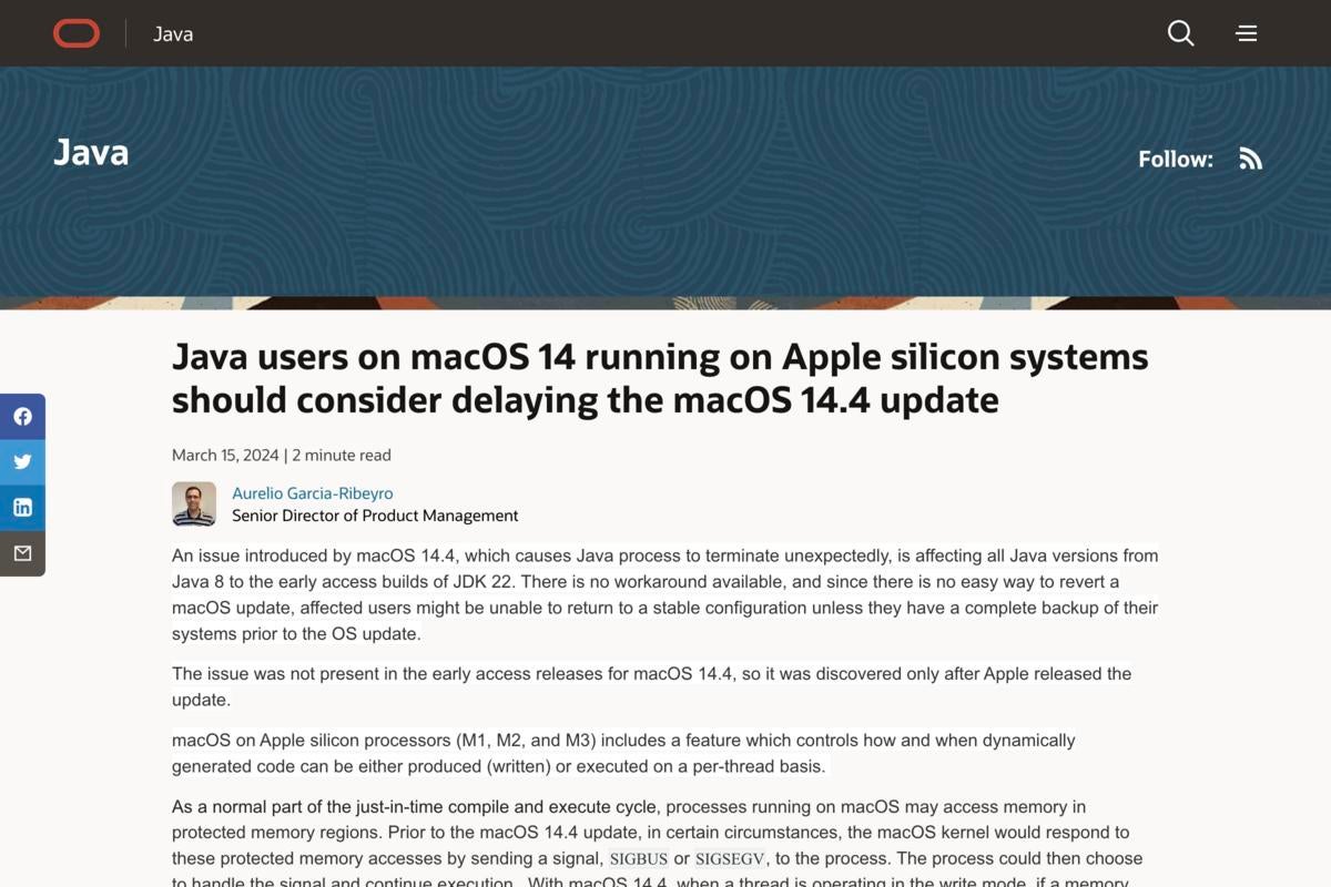 Appleシリコン上のmacOS 14.4でJavaがクラッシュする問題が発生中