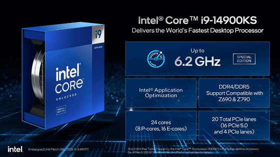 周波数6.2GHzを達成したIntel Core i9-14900KSが登場、性能も価格も高いので金に糸目をつけない愛好家向けとの評価