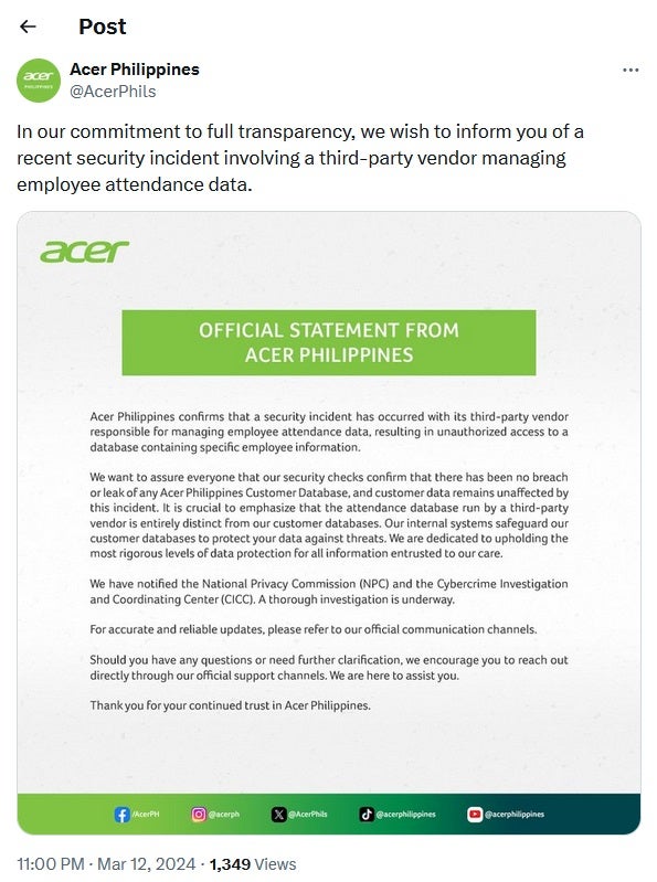 Acer Philippinesの従業員情報が流出、顧客情報の侵害はなし