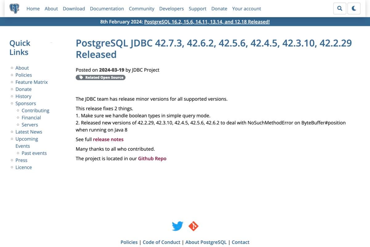 PostgreSQLチーム、JDBCドライバーの最新版をリリース – 2つの問題を修正