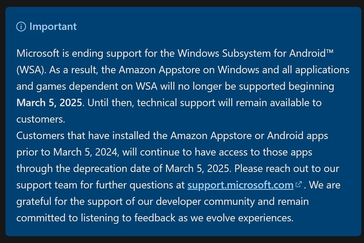 2025年3月5日でサポート終了するWindows Subsystem for Android – 阿久津良和のWindows Weekly Report