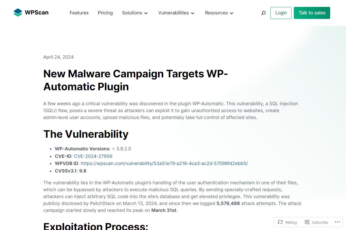 WordPress Automatic Plugin狙う攻撃を550万件以上確認、アップデートを